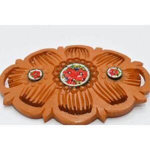 Vintage Carved Bakelite Style Micro Mosaic Brooch Floral Design 2 1/2”